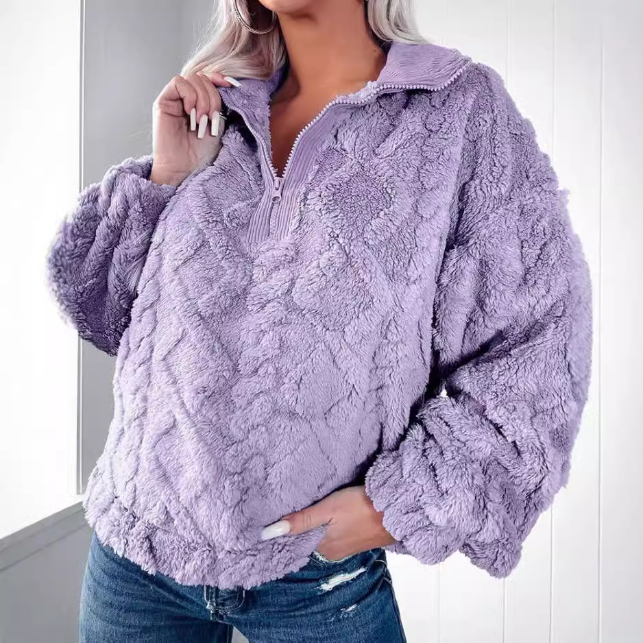 2024 new autumn and winter simple solid color half zipper stand up collar loose plush pullover hoodie