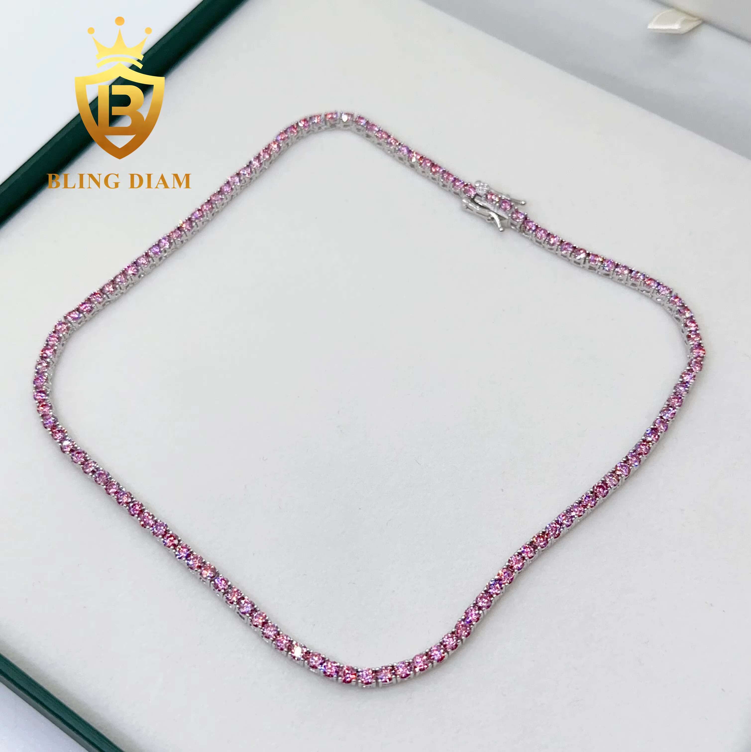 Blingdiam Jewelry Pass Diamond Tester S925 Sterling Silver 3mm 4mm Pink Moissanite Tennis Chain
