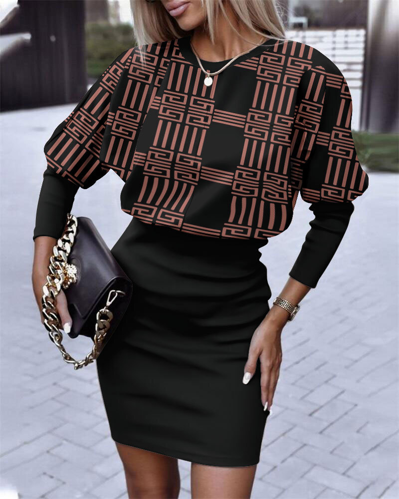 Autumn 2022 New Womens Printed Waist Round Neck Long Sleeve Dress for Women
