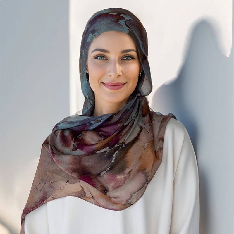 Watercolor Digital Print Chiffon Hijab Scarf Woman Muslim Hijab Shawls Lady Colorful Blue Ethnic Turban Bandana 250424