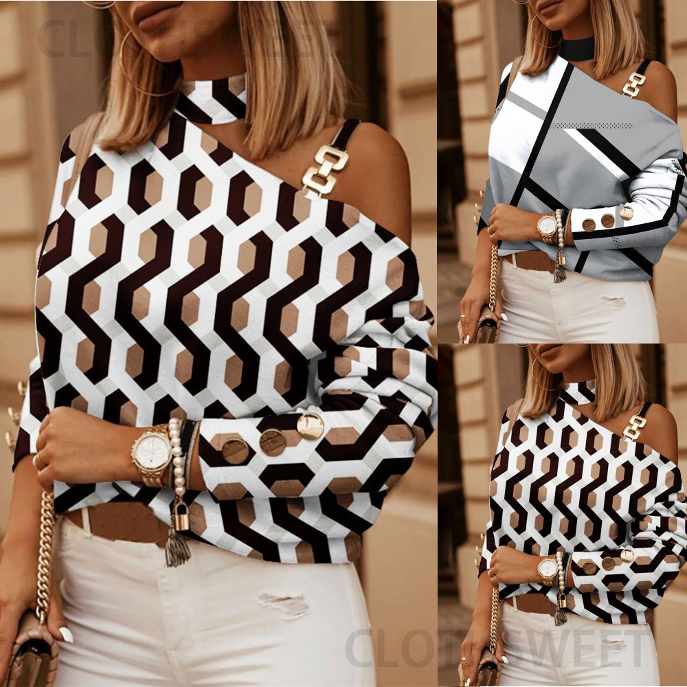 Autumn and Winter 2022 Long Sleeve Chain Neck Print Button Decorative Top Women