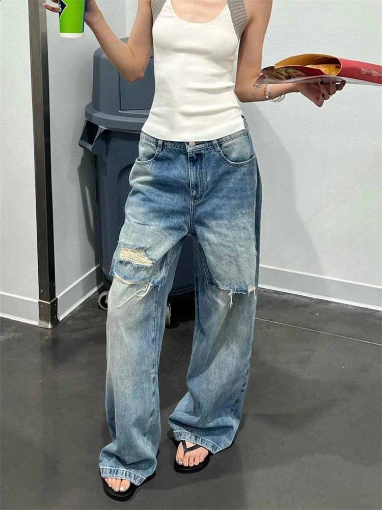 Womens patch work holiday twopiece n hole denim pants cool girl Trouser retro bottom womens high waist wide leg jeans 250417