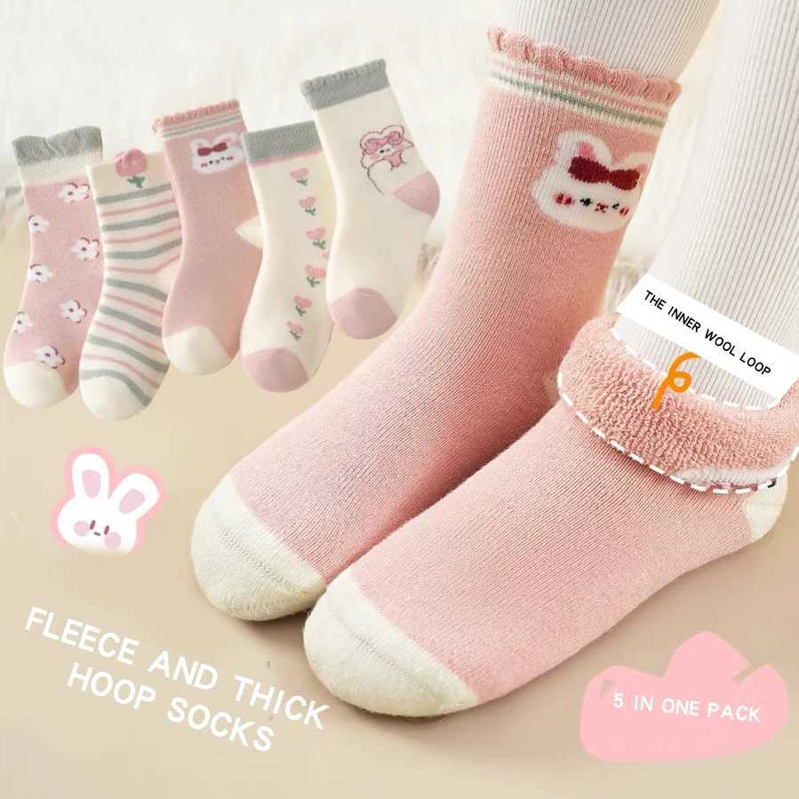5 Pairs Thickened Fleece Rabbits Pattern Children Girls Warm Socks Lovely Trendy Soft Comfortable Elastic Half Sock for Girls G251124