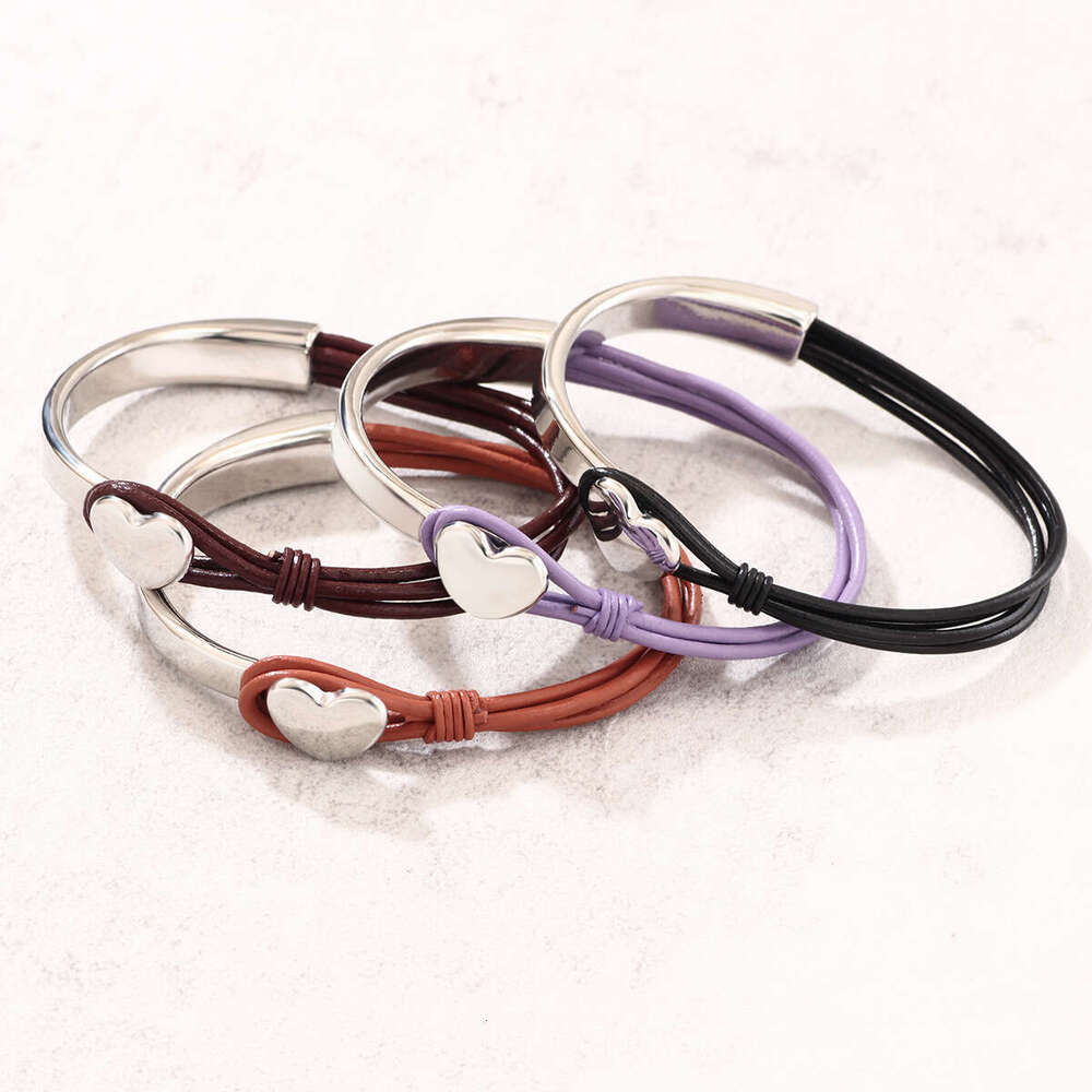 Hot selling Bohemian style with rope, heart-shaped simple sier leather bracelet, PU patchwork bracelet