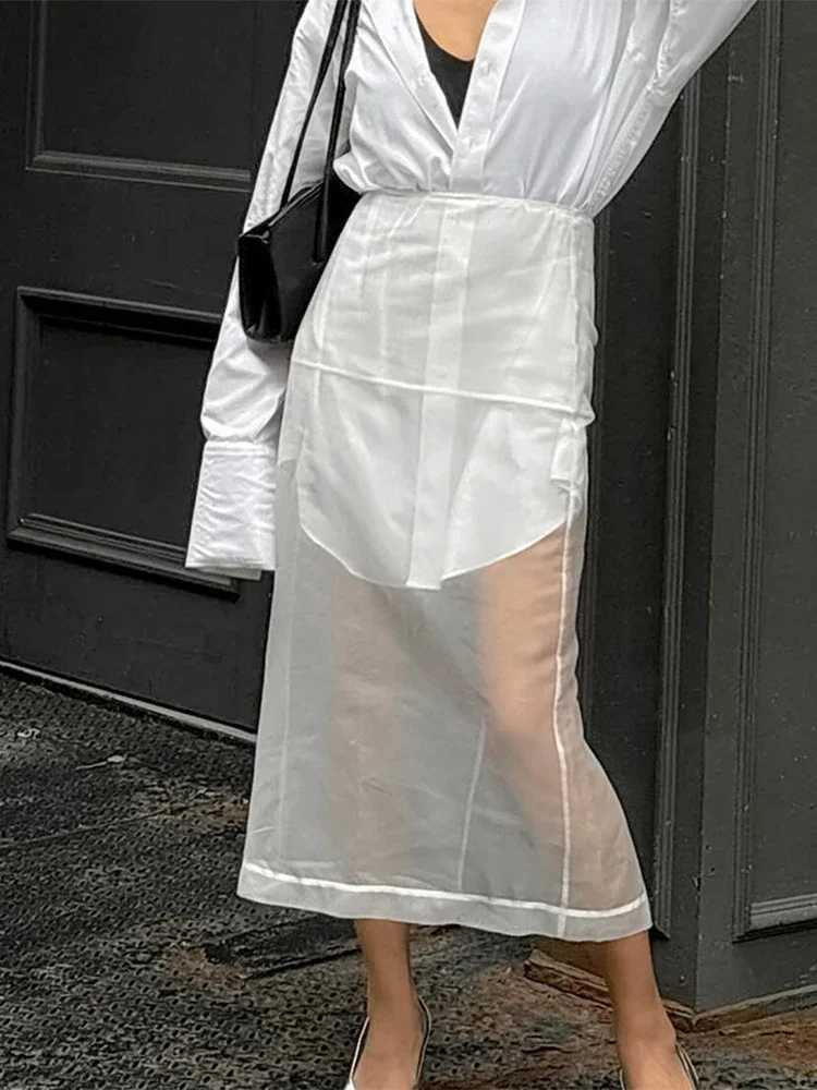 Trendix Sexy See Through Mesh Skirt Women White High Waist Seam Loose Leather Autumn Street Fashion Club Party Skirt Women M250424