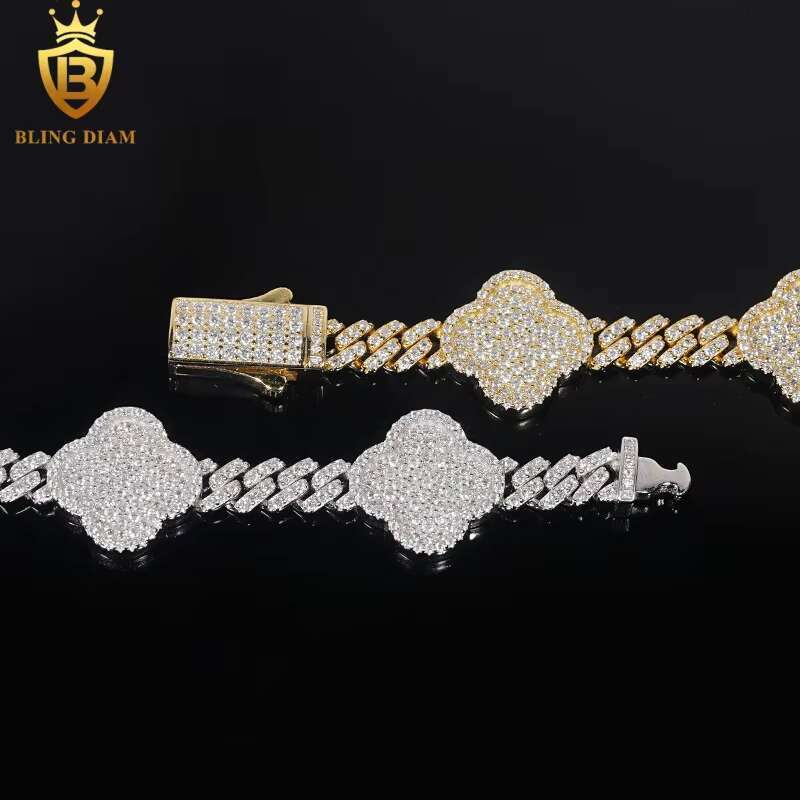 New Design 6mm Fashion Jewelry Iced Out VVS Moissanite Diamond Four-Leaf Clover Bracelet Men Women