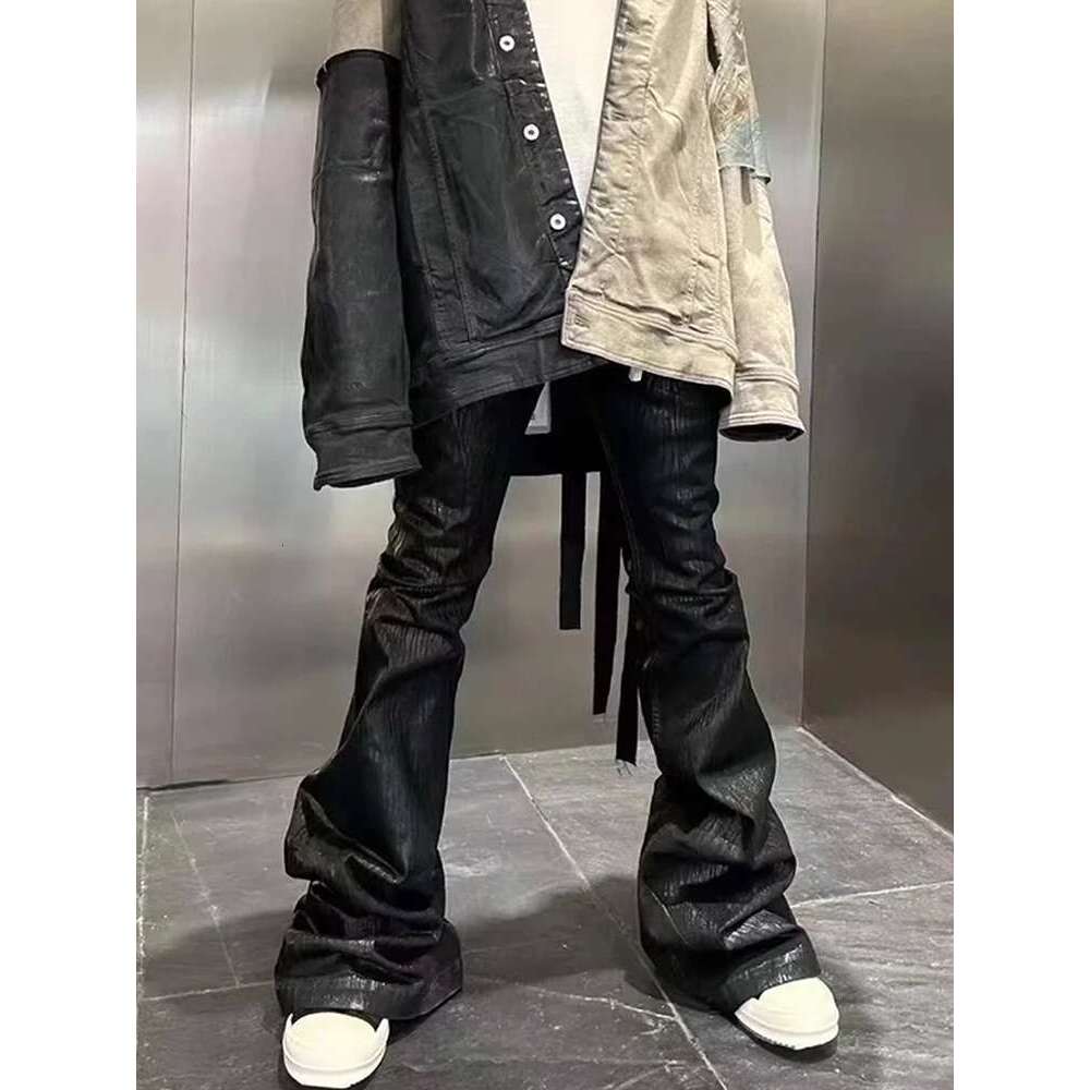 Streetwear Black Wax Leather Strecth Jeans For Men Ropa Hombre Baggy Y2k Flare Pants Oversized Straight Denim Trousers