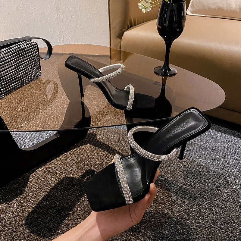 Woman Sandals Summer New Internet Celebrity Rhinestone High Sexy Slim Heels Square Open Toe Roman Sandals For Women