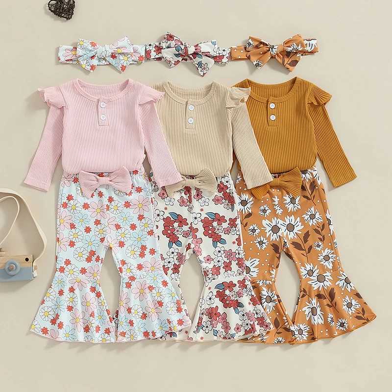 Clothing Sets 2024-05-27 Lioraitiin Baby Girl Fall Outfit Ruffle Ribbed Long Sleeve Romper Flower Flare Pants Tie Bow 3 Piece Set R250424