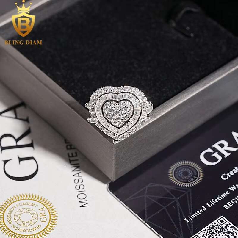 Blingdiam Jewelry Heart Rings Wedding Womens 925 Silver Gold Plated VVS Moissanite Fully Diamond Ice Out