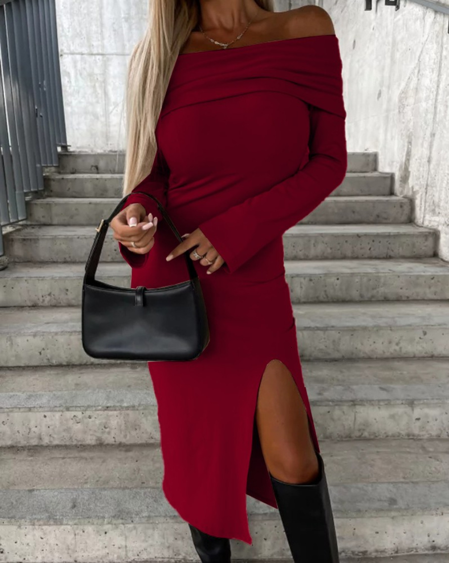 2023 Autumn/Winter New Long Sleeve Solid Color One Collar Split Dress for Women