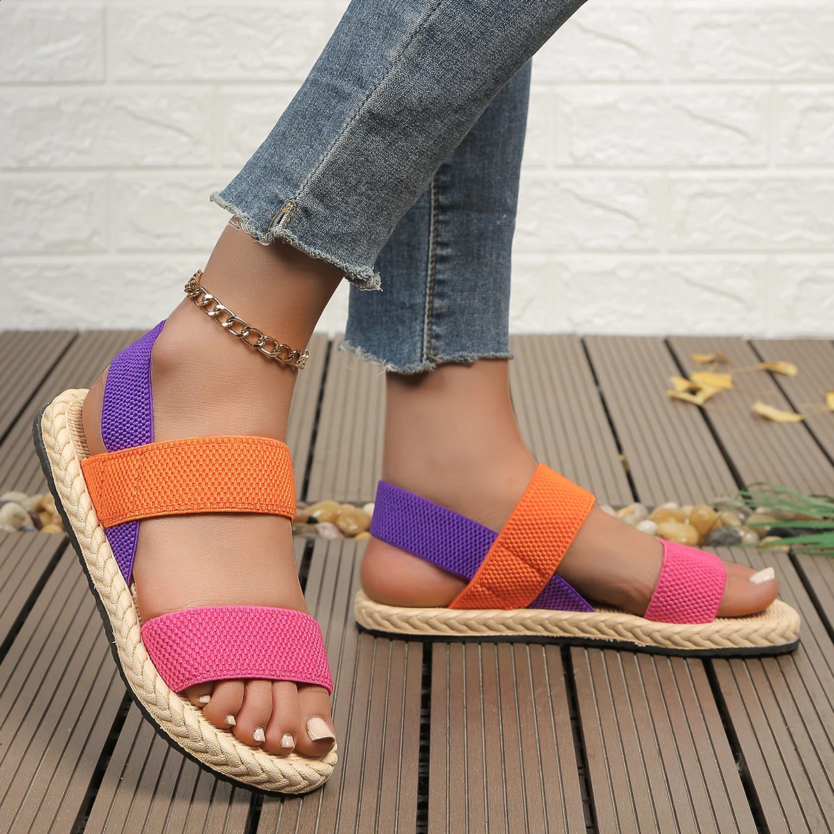 Womens fashion trend anti-slip wear-resistant multi-color matching elastic flat sandals 250418