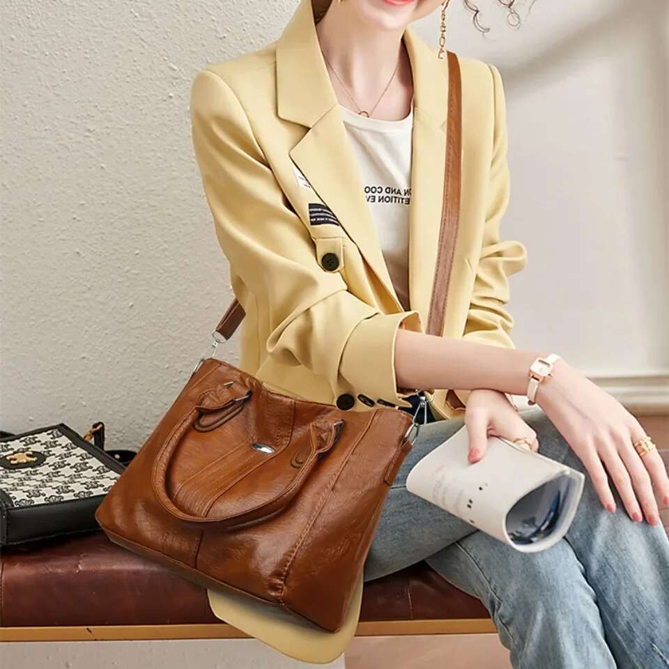 New Soft Leather Handbag For Women Vintage Shoulder Tote Bag Designer Ladies Large Capacity Purse Commute Bags Sac A Main
