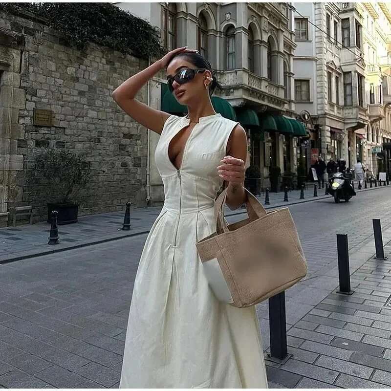 Designer Clothes Y2k Sleeveless Spliced Zipper Maxi Dress Elegant V-Neck High Waist Slim Pleated Long Dresses Summer Office Lady Street Robes