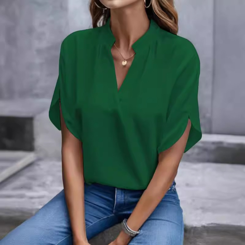 2024 summer simple casual solid color V-neck loose shirt top for women