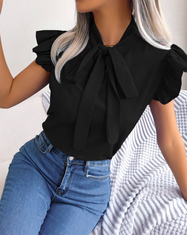 2023 new summer solid color simple bow short sleeved shirt for women