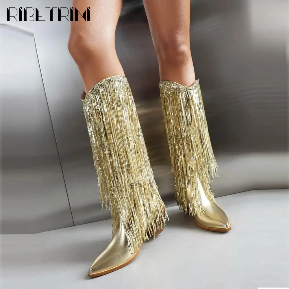 Glitter Shiny Fringe Women Western Boots Slip On Mid Calf Chunky Block Heels Shoes Sexy Elegant Party Nightclub Boots 250418