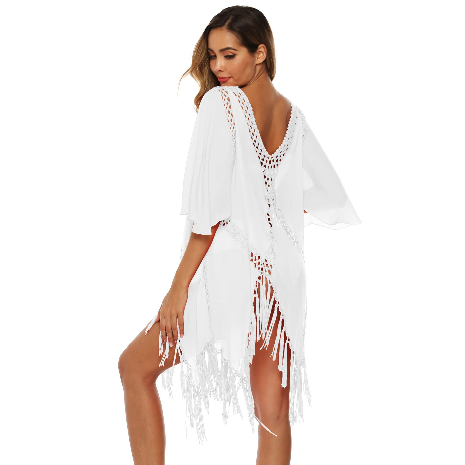 Crochet Bikini backless cover with tassels sexy Vneck camisole beach dress summer swimsuit beachwear 250422