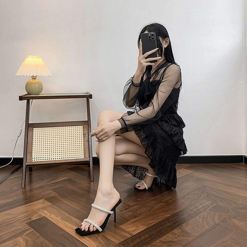 Woman Sandals Summer New Internet Celebrity Rhinestone High Sexy Slim Heels Square Open Toe Roman Sandals For Women