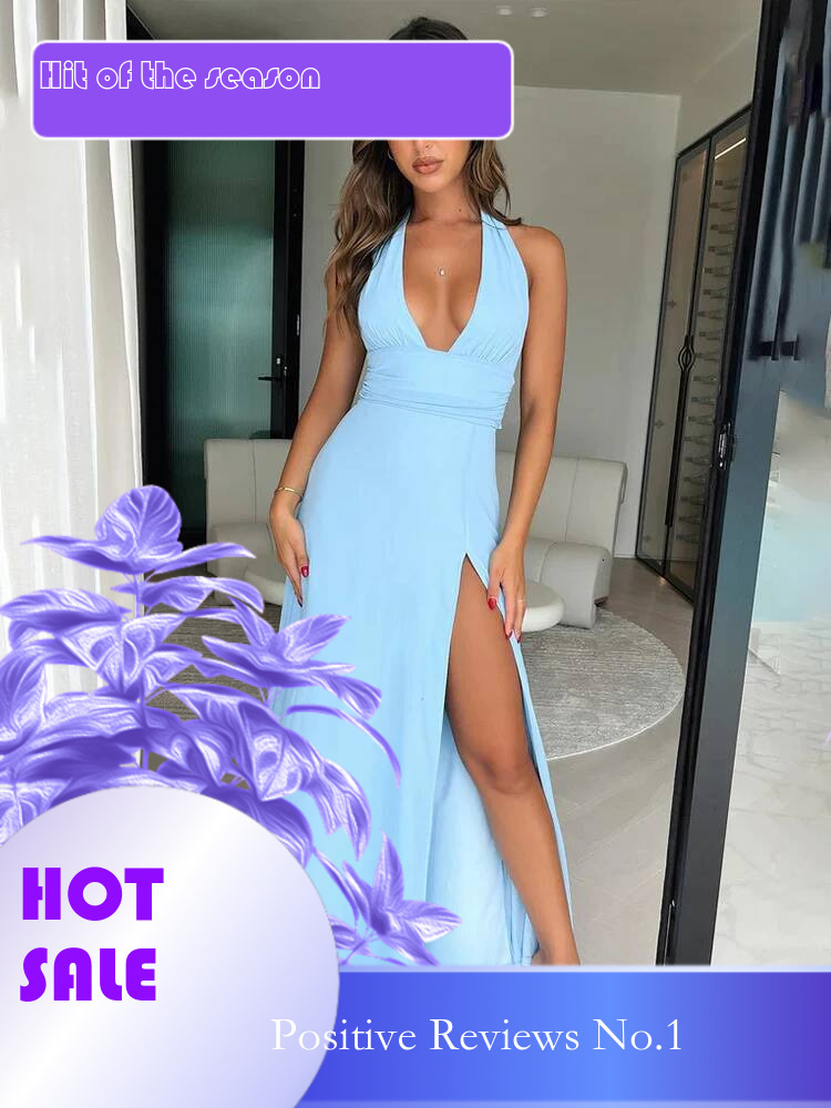 Dongdumaoyi Townlike Elegant Maxi Long Dress Women Halter Spring Summer V Neck High Split Backless Sexy Party Dresses