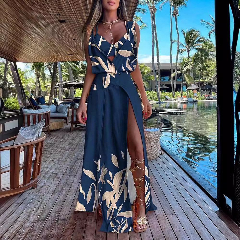 2023 Summer Sleeveless V-Neck Printed Split Bottom Dress Women