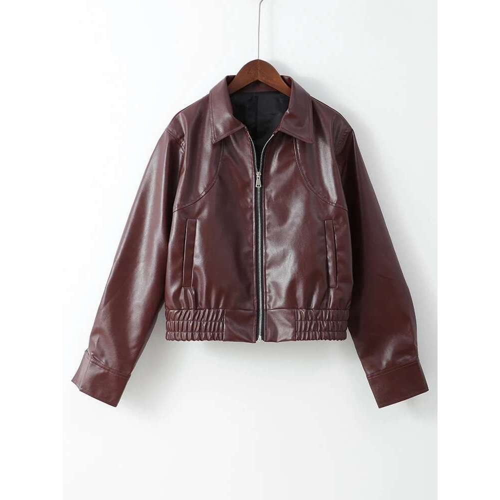 Designer Clothes Women Fashion Solid Zipper Short Bomber Leather Coat Chic Lapel Long Sleeves Cropped Jackets 2025 New Female High Street Outwear