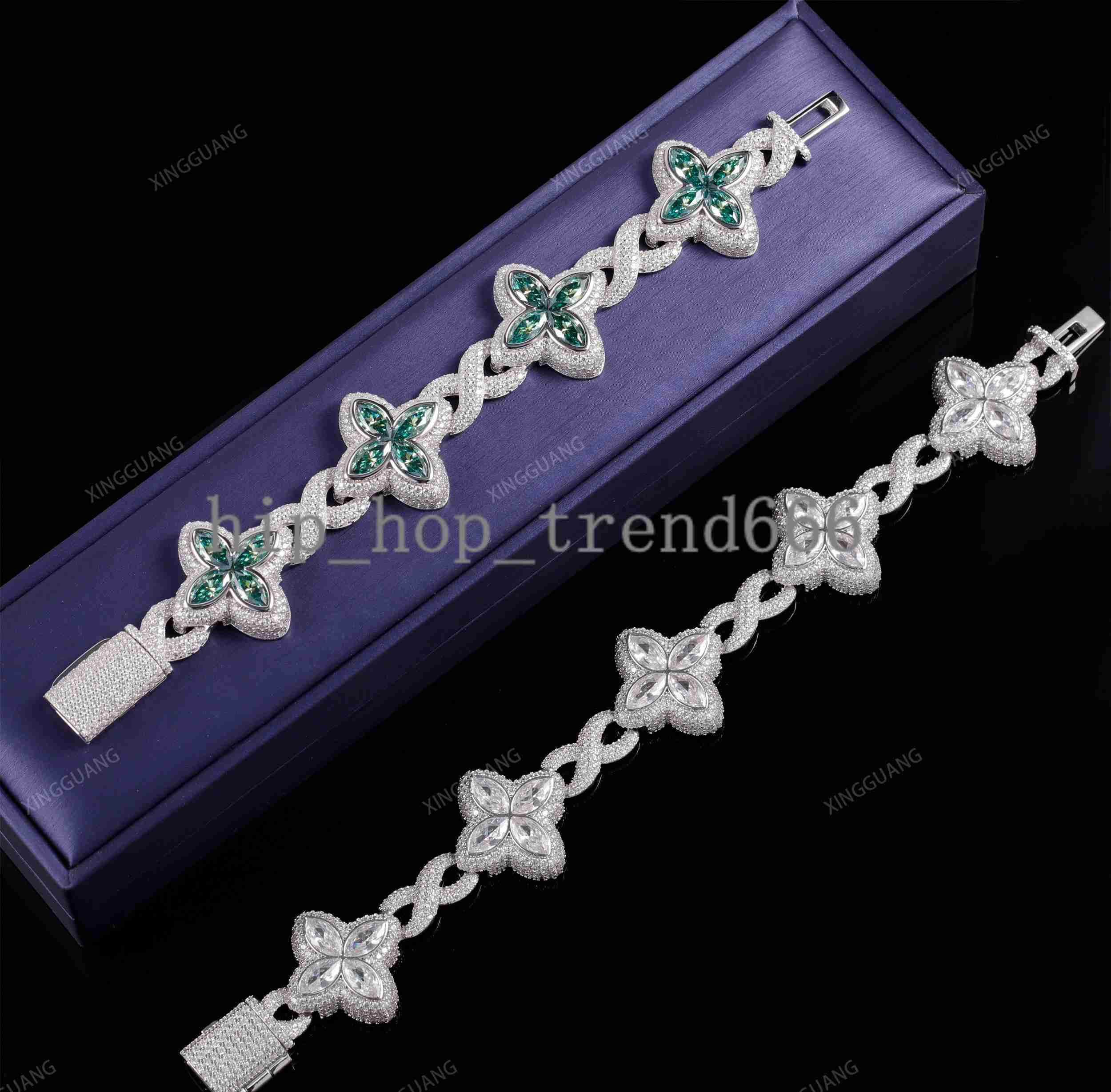 New Arrival Clover Design Vvs White Green Moissanite Diamond S925 Silver Gold Plated Cuban Link Bracelet Men Women