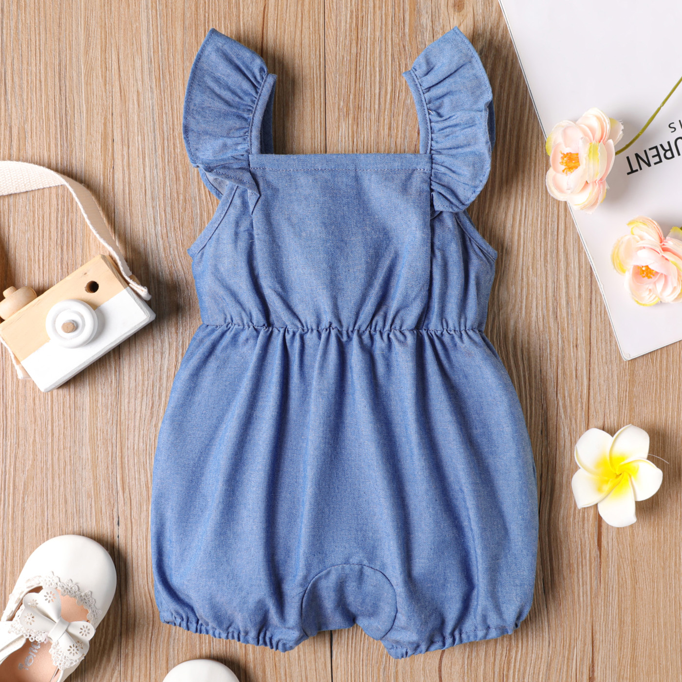 PatPat Baby Girl Ruffled Button Design Sleeveless Denim Rompers