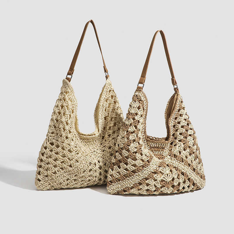 Woven Bag Beach Handmade Grass Woven Hollow Bag Square Flower Triangle Contrasting Color Woven Single Shoulder Tote Handbag