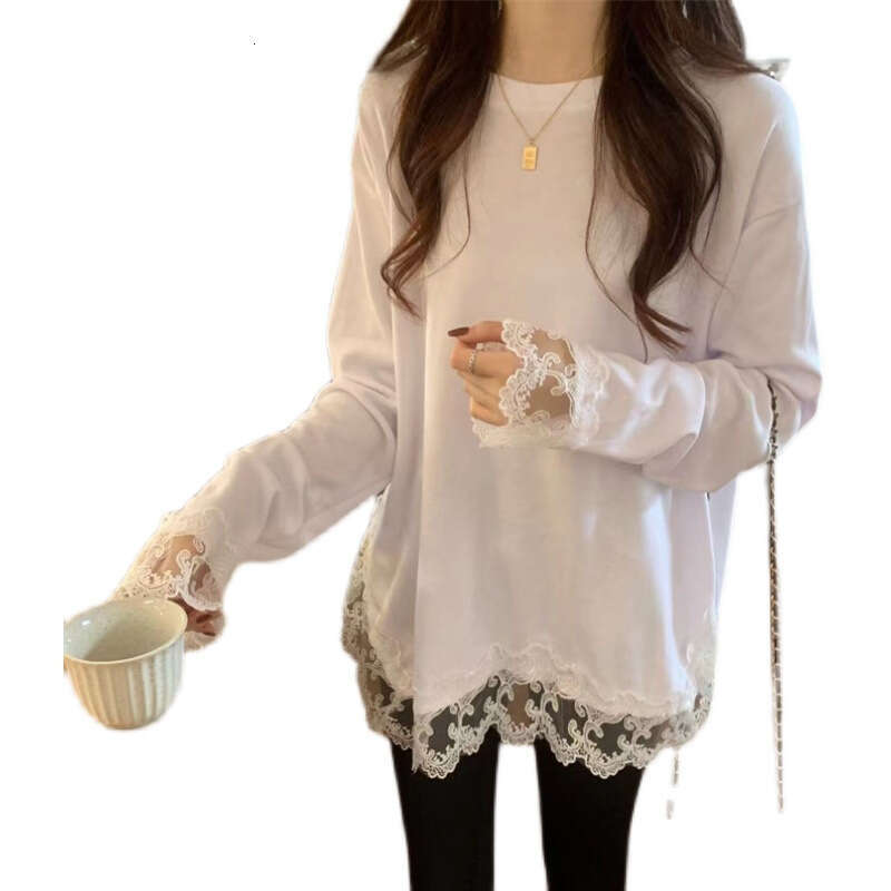 2025 Spring Women's New Lace Splicing Round Neck Bottom Shirt American Long Sleeve White Cotton T-Shirt For Women