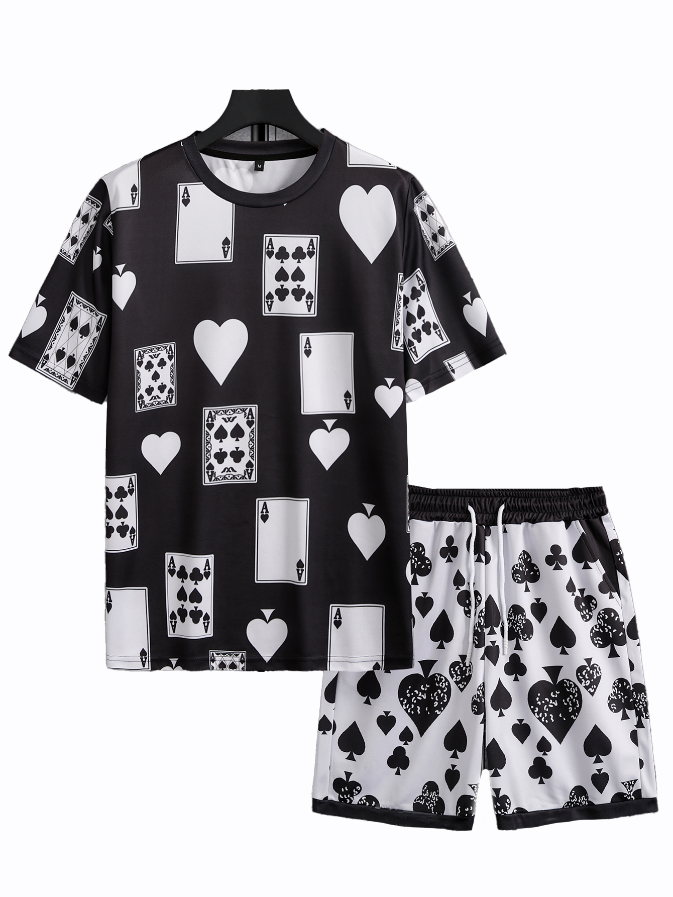Men's casual round neck T-shirt set, 3D Poker King print, geometric pattern, polyester knitted fabric, comfortable fit T-shirt set for all season