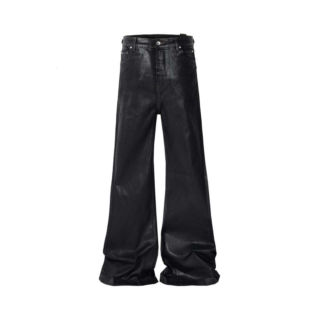 Streetwear Black Wax Leather Strecth Jeans For Men Ropa Hombre Baggy Y2k Flare Pants Oversized Straight Denim Trousers