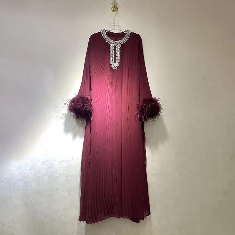 KBQ Solid Patchwork Feather Evening Dress For Women Round Neck Spliced Dias Long Sleeve Loose Design Sense Dresses Female