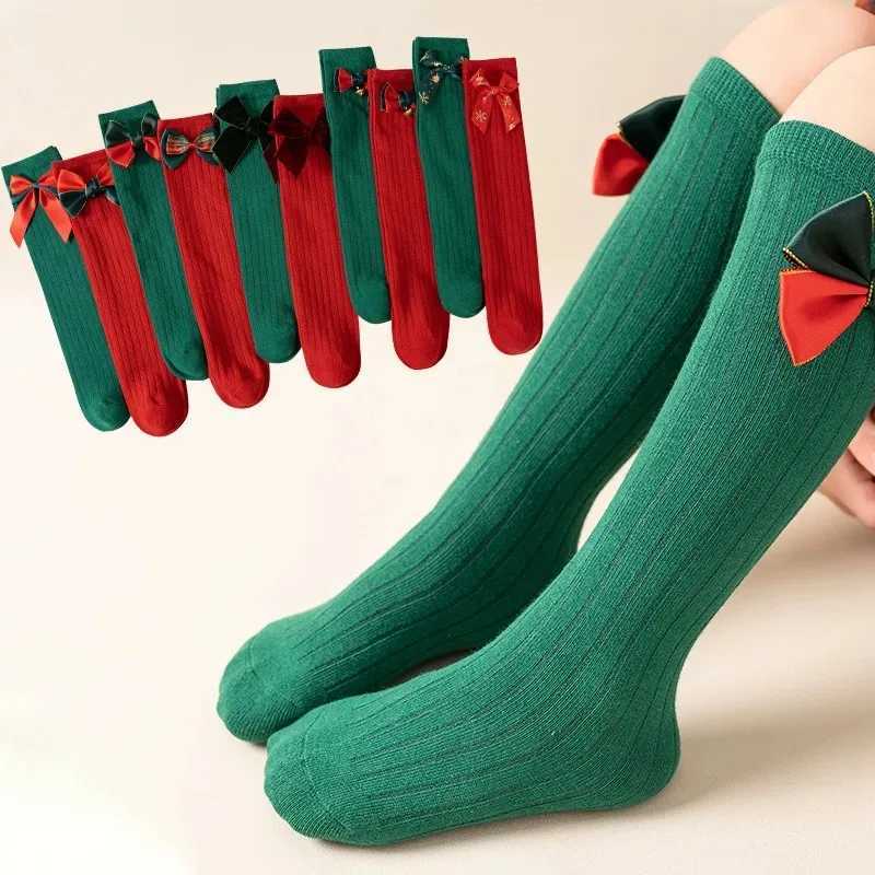 2025 Christmas Girls Socks For 3-12Y Autumn Winter Toddlers Big Bow Knee High Long Kids Sock Soft Cotton Red Socken G251124