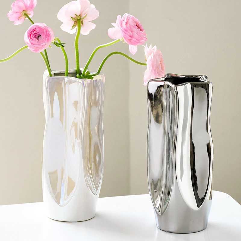 Luxury Electroplated Silver Ceramic Vase Flower Arrangement Irregular Porcelain Hydroponic Vase Ornament Interior Art Decoration C251124
