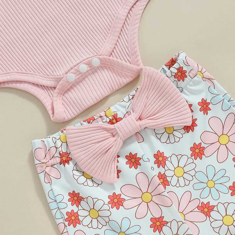 Clothing Sets 2024-05-27 Lioraitiin Baby Girl Fall Outfit Ruffle Ribbed Long Sleeve Romper Flower Flare Pants Tie Bow 3 Piece Set R250424