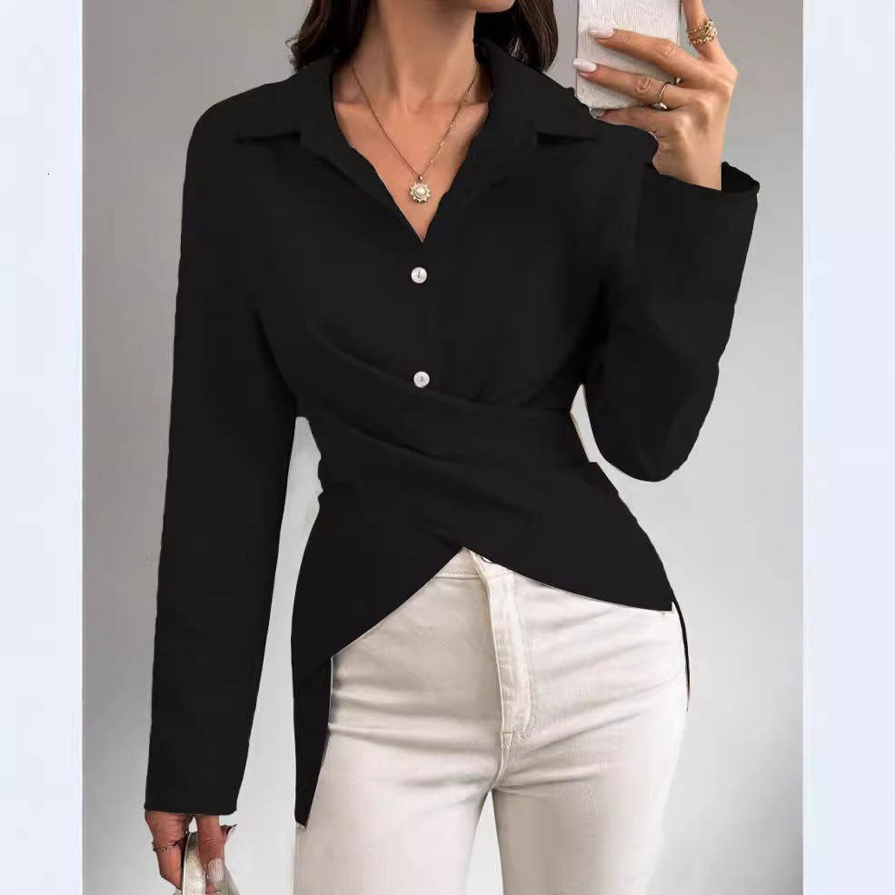 2024 Autumn Simple Fashion Versatile Waist Collection Solid Color Shirt Womens Wear