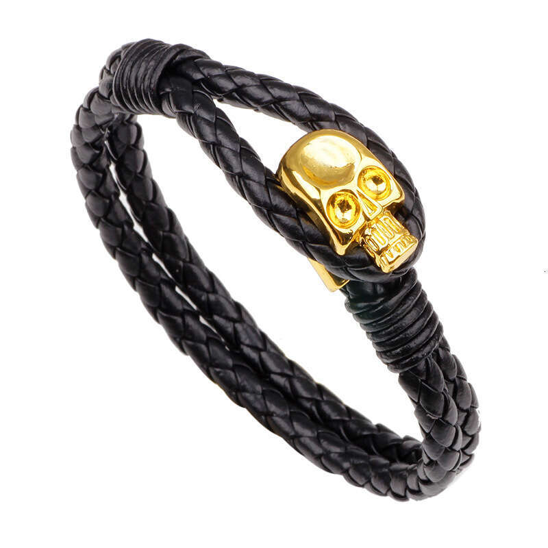 Temu hot selling personalized leather woven wristband skull head men's alloy buckle genuine cowhide bracelet trend