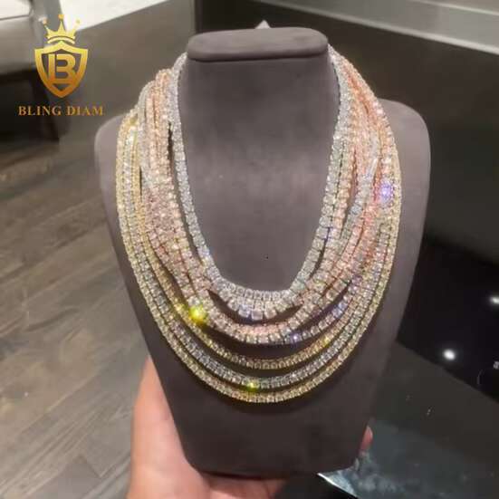 Pass Diamond Tester 925 Sterling Silver VVS Moissanite Diamond Tennis Necklace 2mm-6.5mm Hip Hop Tennis Chain High Quality