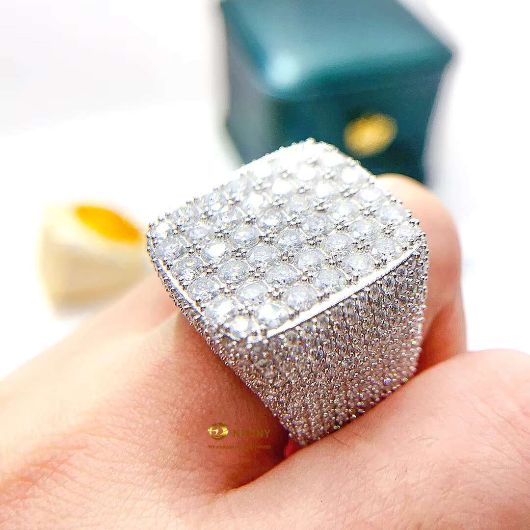 Hip Hop Full Moissanite Square Shape Ring Fashion Jewelry Pass Tester Iced Out 925 Sterling Silver Ring