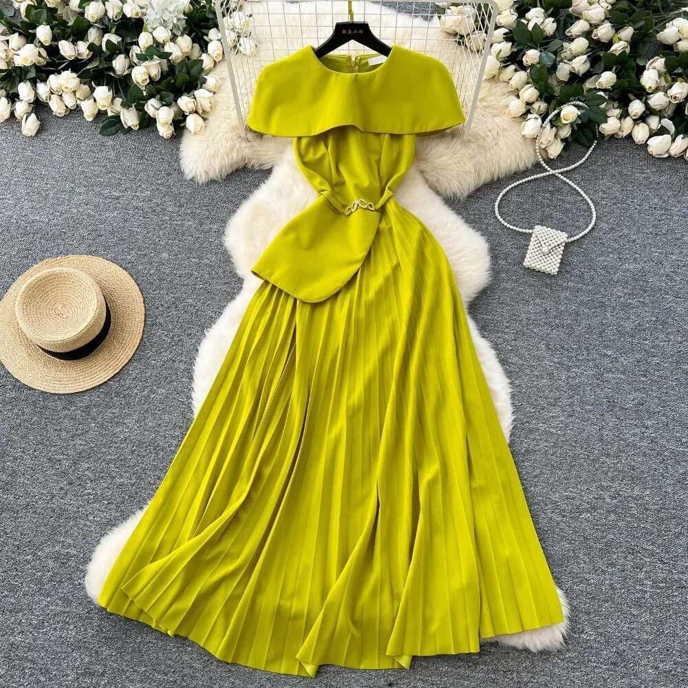 Elegant O-Neck Vintage Cloak Sleeves Chic Asymmetrical Slim A-Line Pleated Dresses Evening Fashion Women High Street Clothing