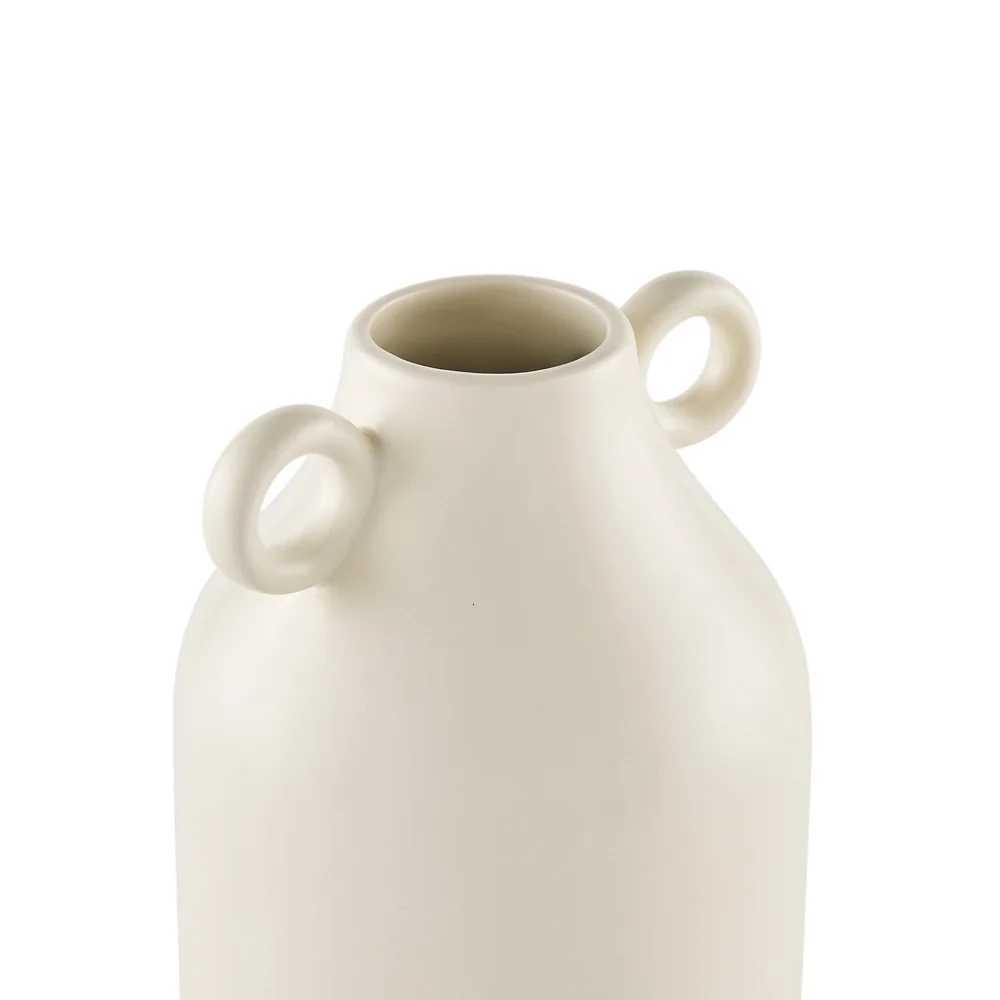 Handcrafted Ivory Ceramic Vase with Handles Decorative Tapered Design Flowers Home Decor Indoor Tabletop Counter Shelf C251124