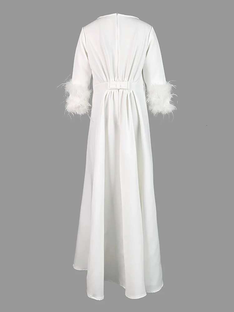 Female Solid Color Floor Length Wrap Dress Feathers Half Sleeve Boat Neck Elegant Pleated Evening Dresses For Women