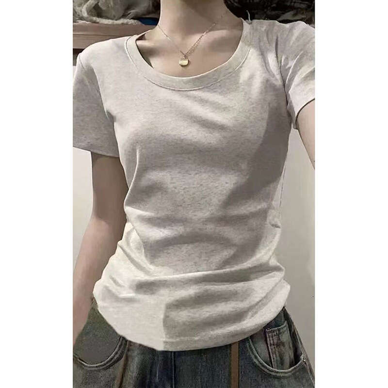 Pure cotton American V-neck shoulder short sleeved T-shirt for women in the summer of 2025, basic with inner lining and college style top
