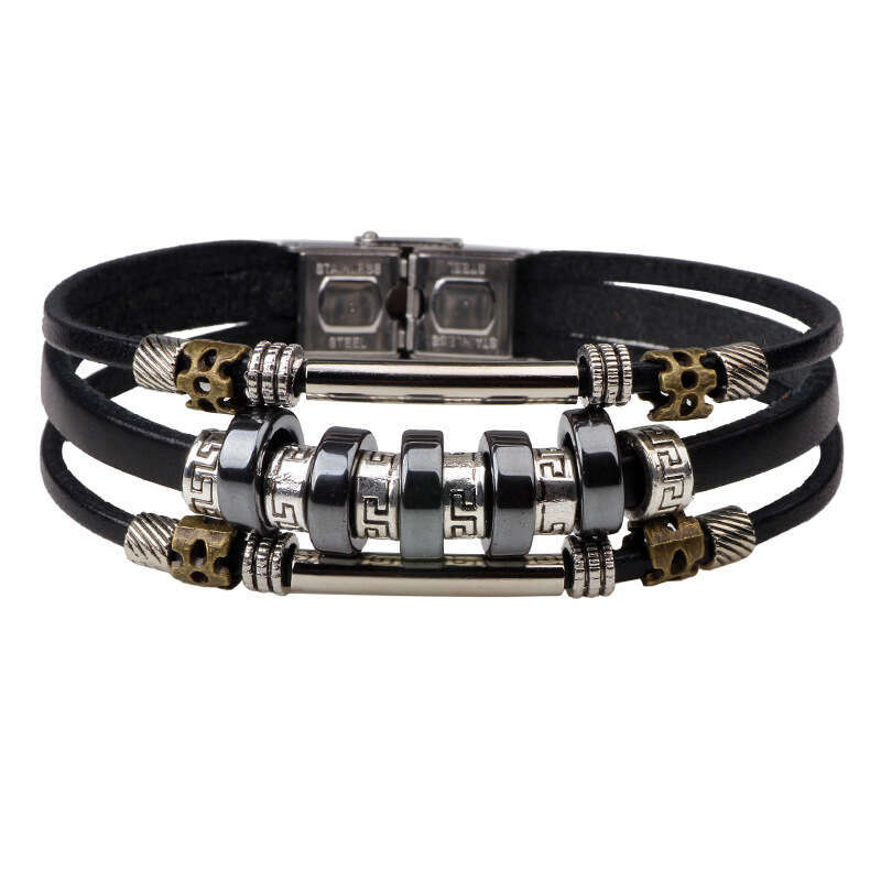 Boutique Handmade Black Gallstone Beaded Metal Accessories Genuine Leather Bracelet Yiwu Small Commodity Jewelry
