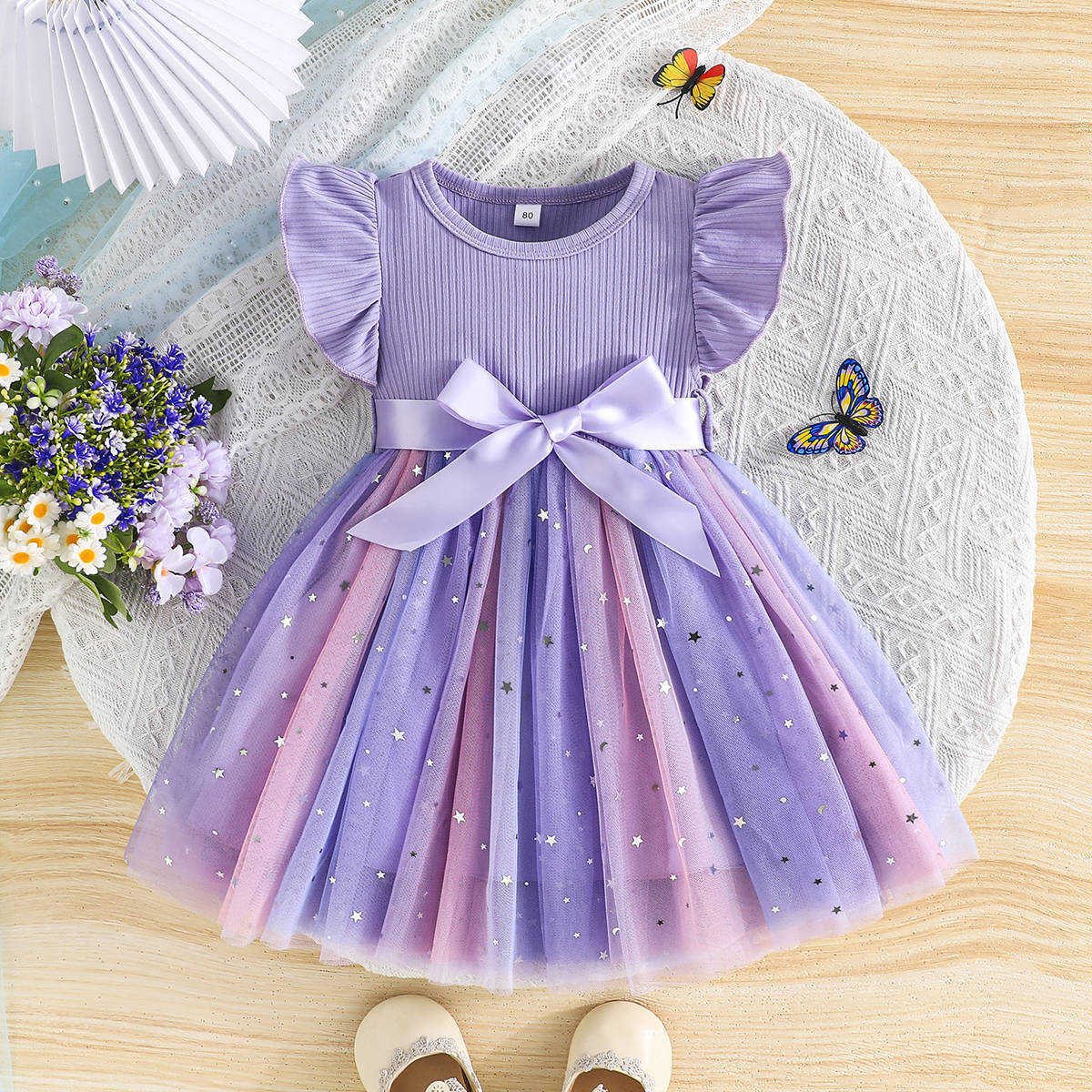2025 Ins Sweet Beauty Childrens Flying Sleeve Butterfly Knot Mesh Summer Dress Y250423fqir