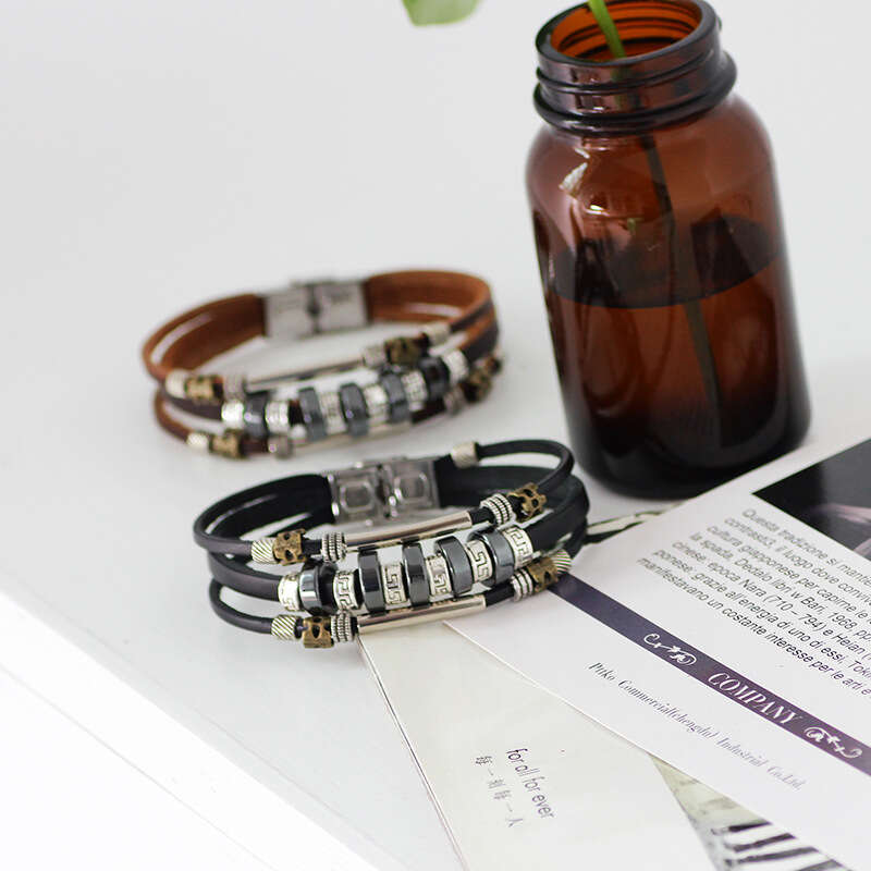 Boutique Handmade Black Gallstone Beaded Metal Accessories Genuine Leather Bracelet Yiwu Small Commodity Jewelry