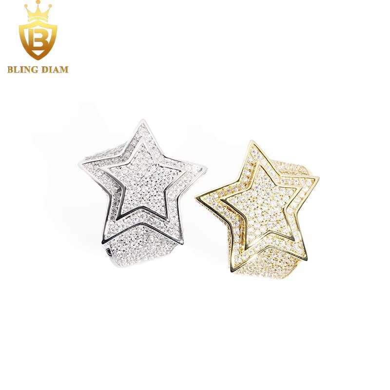 Hot Sale Hip Hop Jewelry Ring 925 Silver Ice Out VVS Moissanite Fully Diamond Mens Star Rings