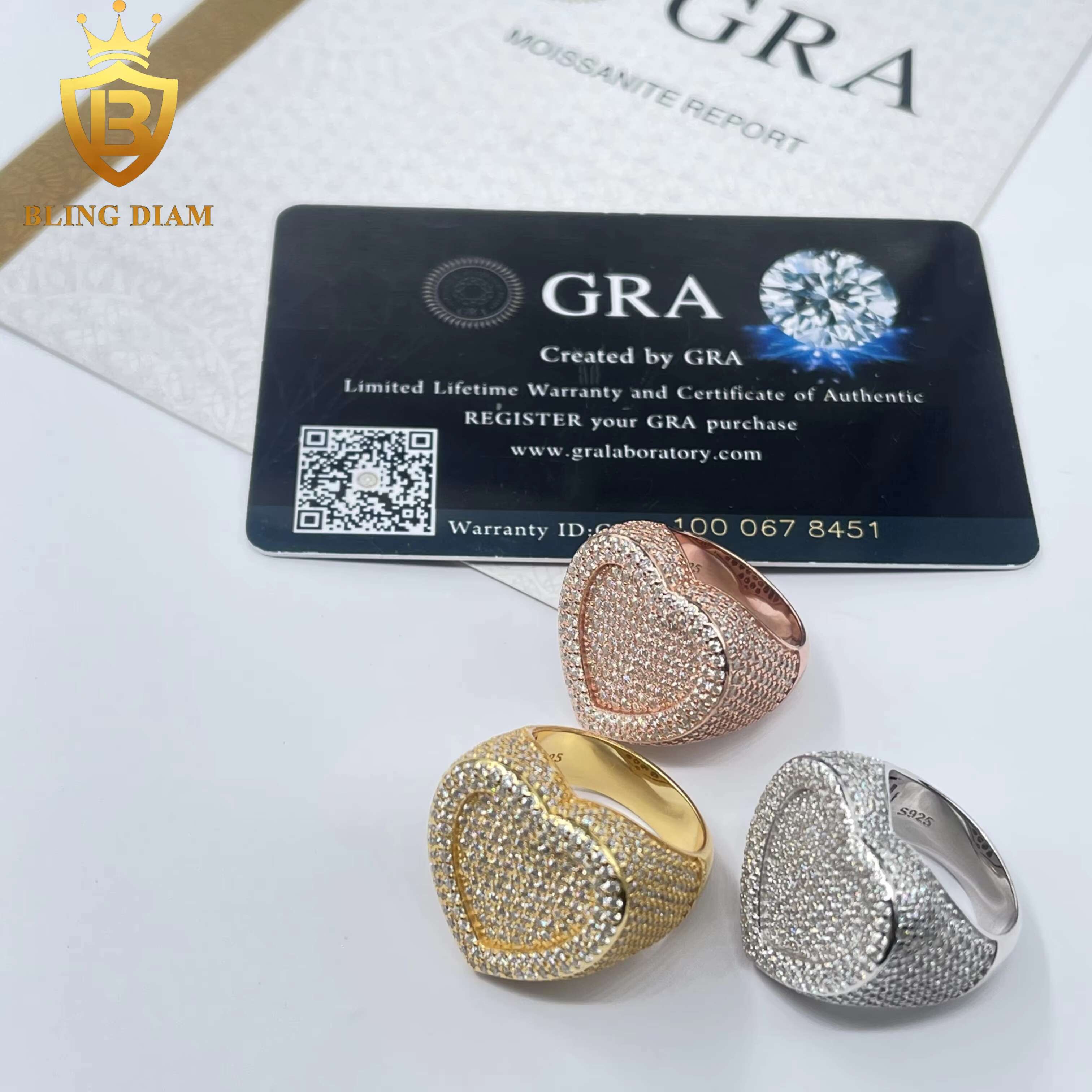 Fashion Popular Jewelry Full WithVVS Moissanite Mens 925 Solid Silver Heart Shape Rings Hip Hop Style