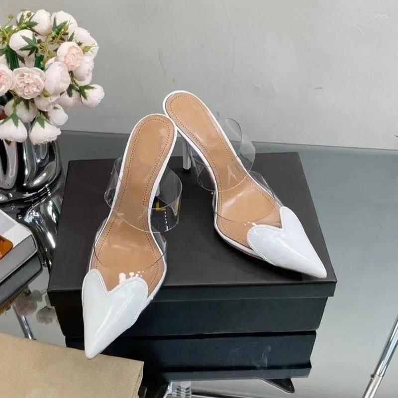Dress Shoes Elegant Pointed Toe Transparent PVC Heart High Heels Mules Slipper Women 2025 Black White Red Luxury Designer Pumps